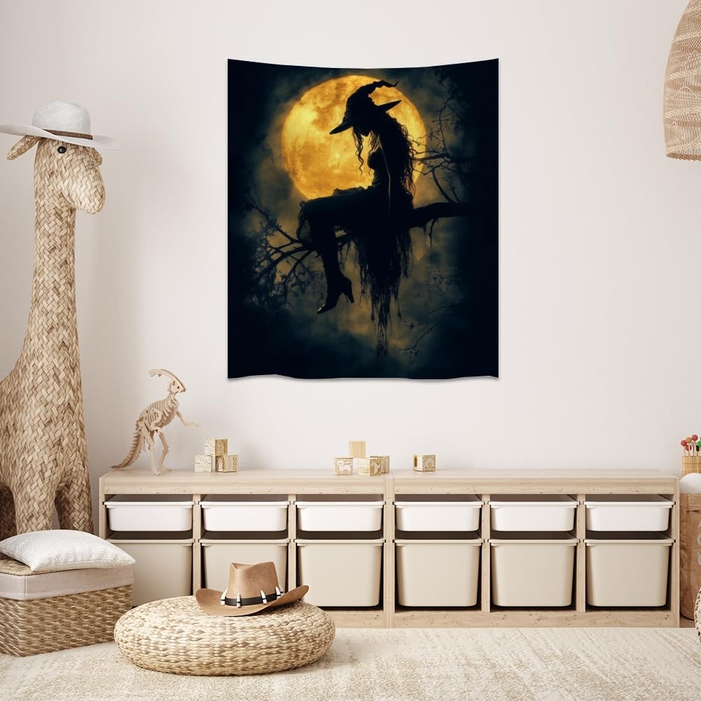 Halloween Witch Tapestry Wall Art Witchcore Moon Aesthetic Print Dark Academia Gothic Tapestries Wall Hanging Horror Ghost Halloween Party Decor for Home Living Room Bedroom 50x60inch