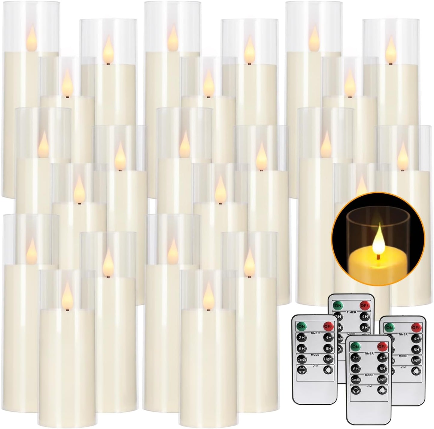 24-Pack Acrylic LED Flameless Pillar Candles with Remote & Timer, Battery Powered - Perfect for Indoor/Outdoor Decor,Wedding,BBQ and Gift - Easily Create a Magical Atmosphere.
