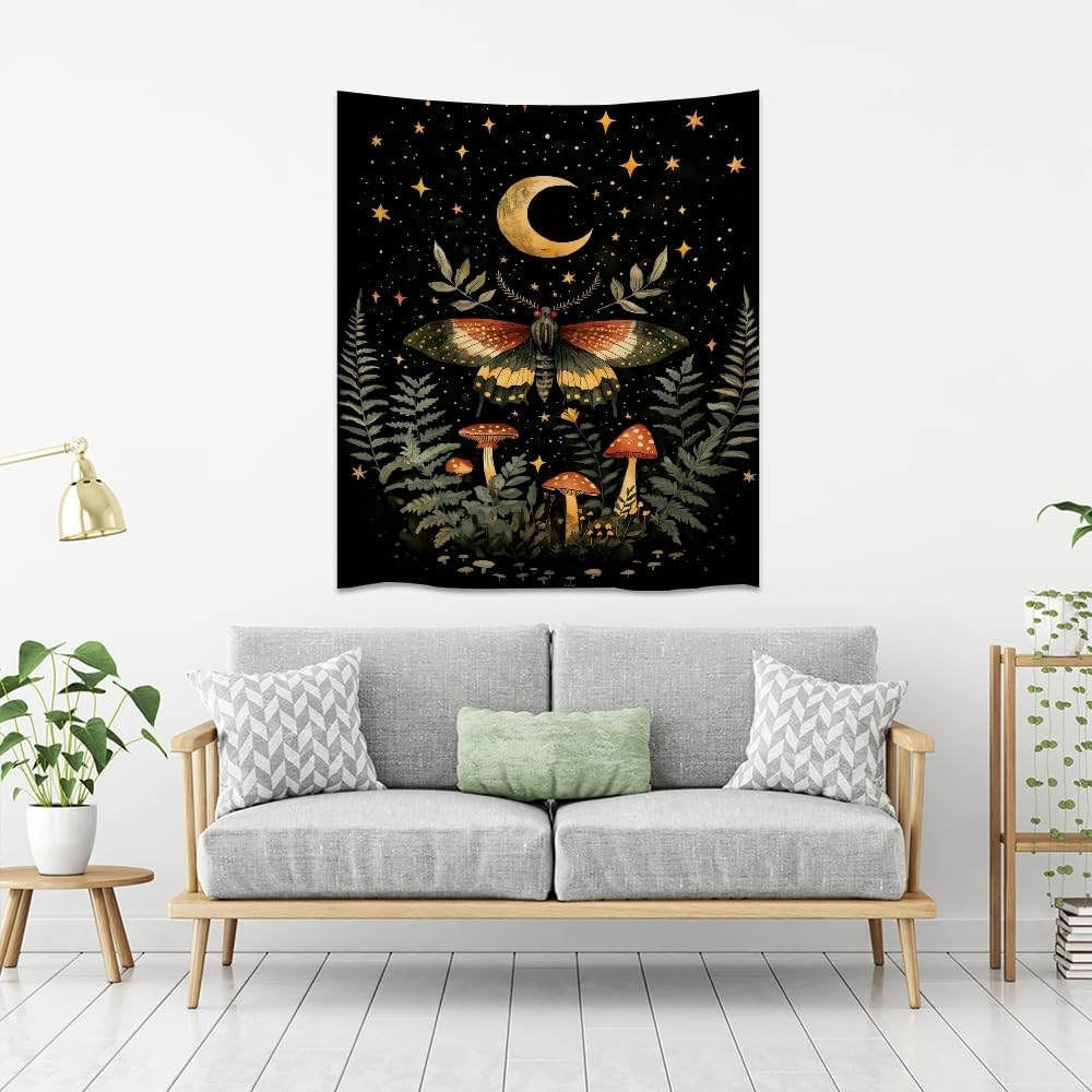 Mystical Moth Mushroom Tapestry Dark Academia Aesthetic Wall Hanging Decor Moon Star Witchy Print Butterfly Enchanted Forest Tapestries for Home Bedroom Living Room Office Decor 60x80inch