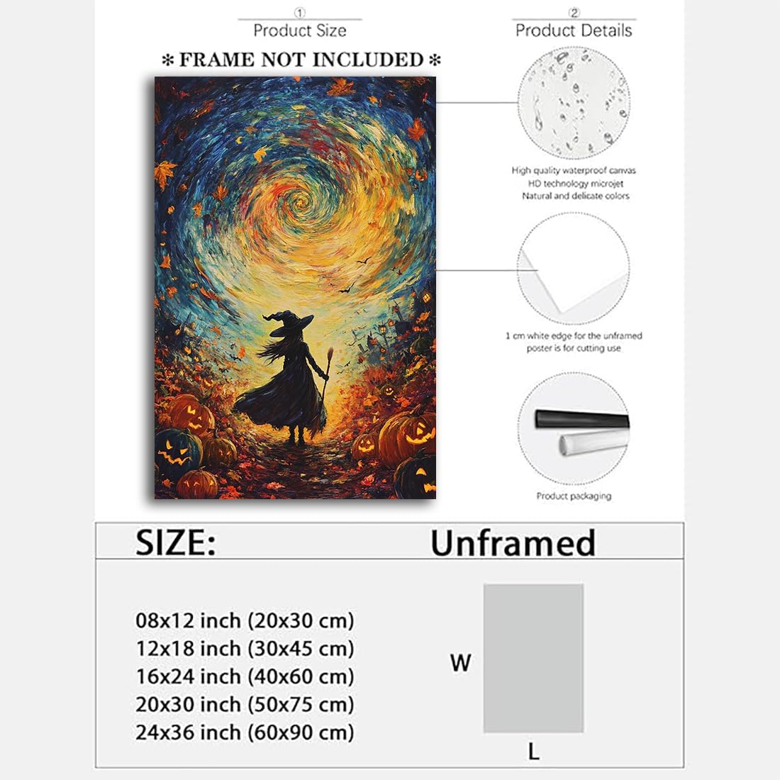 Halloween Autumn Witchy Decor Wall Art Prints,Gothic Witch in Whirlwind Autumn with Pumpkins Scene Pictures Poster,Fall Festival Home Decor Painting Canvas Poster for Bedroom Bathroom,20"x30" Unframed
