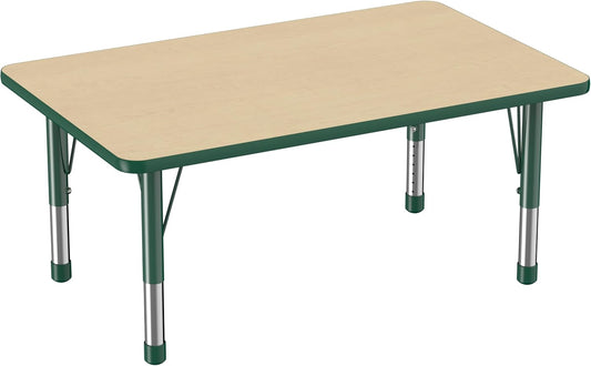 FDP Rectangle Activity School and Classroom Kids Table (30 x 48 inch), Chunky Toddler Legs, Adjustable Height 15-24 inches - Maple Top and Green Edge