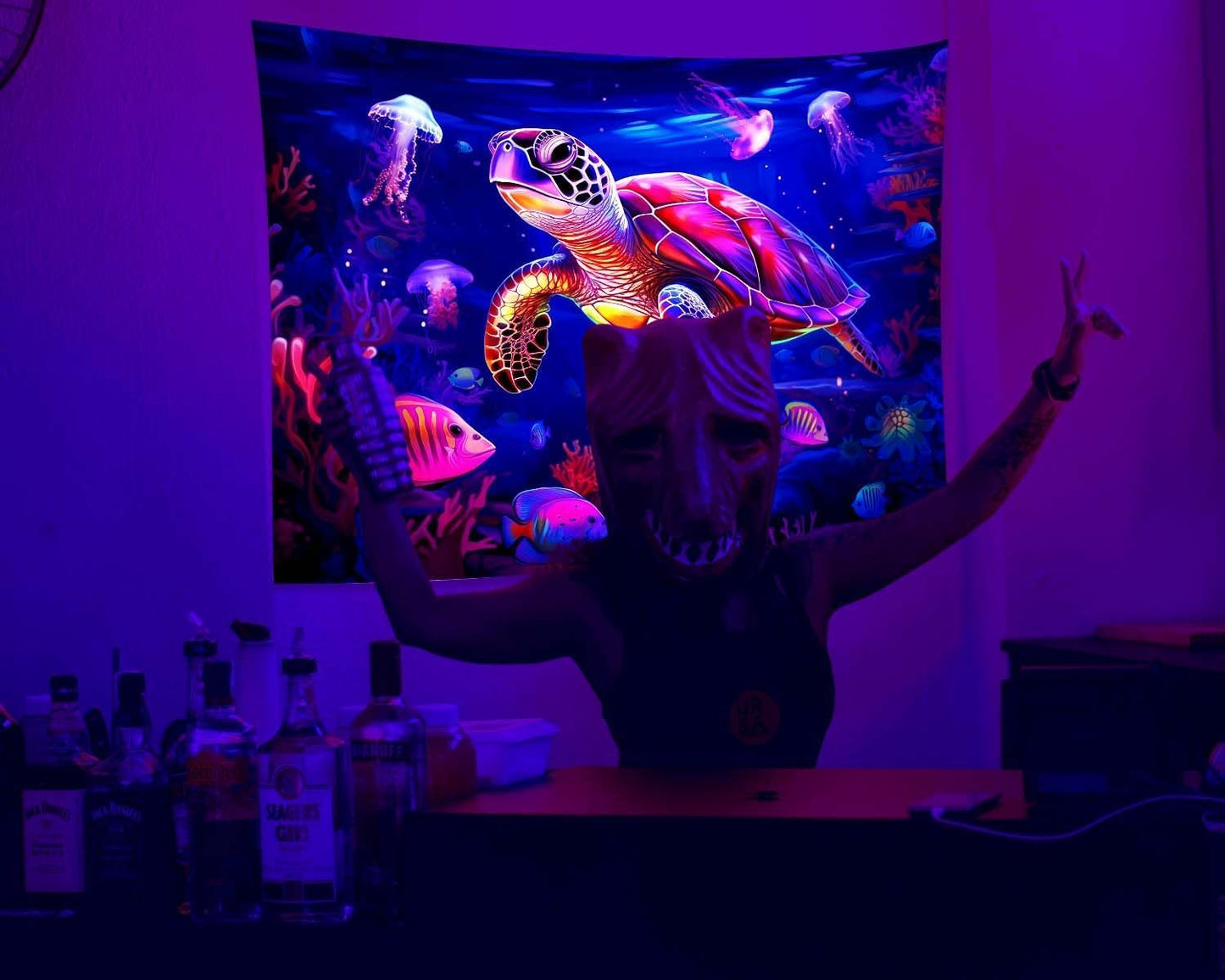 QGHOT Turtle Tapestry, Blacklight Ocean Tapestry Wall Hanging Undersea Black Light Poster for Kids Glow in the Dark for Bedroom Children Toddler Room Decor 37x29in