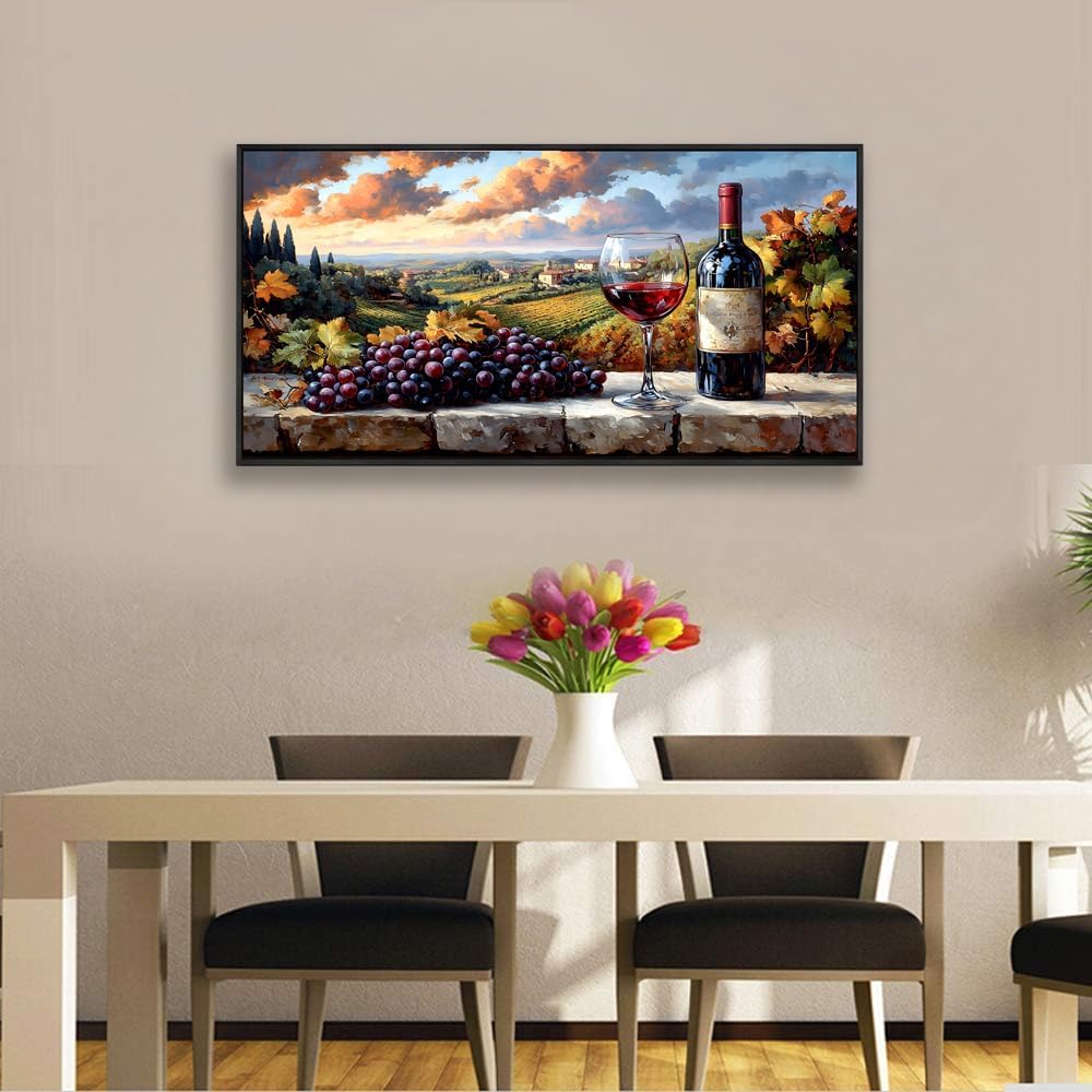 HUADAOART Kitchen Wall Decor Framed Canvas Print Grape Wine Glass Estate Wall Art for Restaurant Rural Landscape Pictures Office Home Decoration 20 x 40 inches Ready to Hang