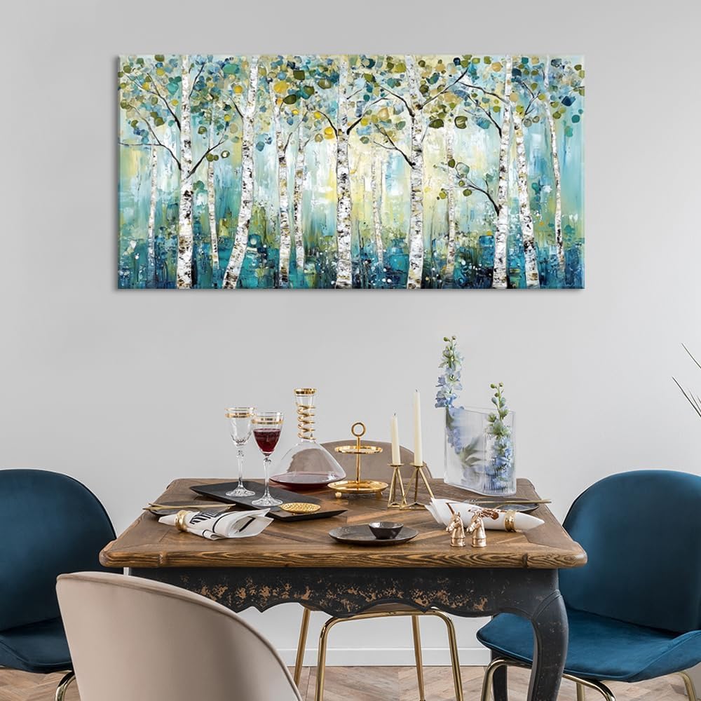 LASMOND Abstract Teal Grove Canvas Paintings Prints Modern Tree Wood Artwork Decor Wall Art for Living Room Bedroom Offices (46x23 Inches)