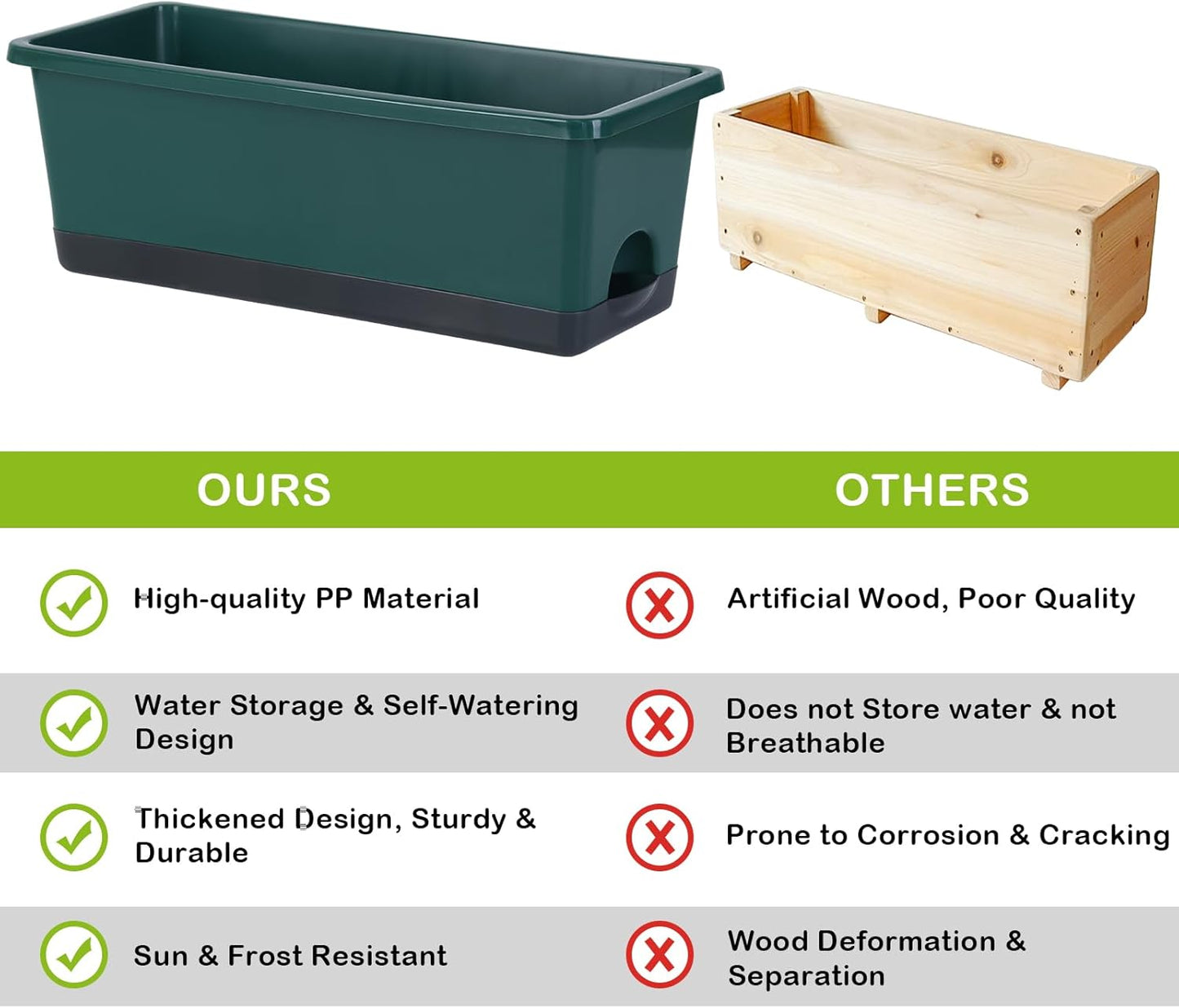 Window Box Planter 8 Pcs, 17 Inches Rectangle Flower Pots with Drainage Holes and Trays, Vegetable Planters for Windowsill Patio Garden Balcony Home Porch Yard Indoor Outdoor (Dark Green)