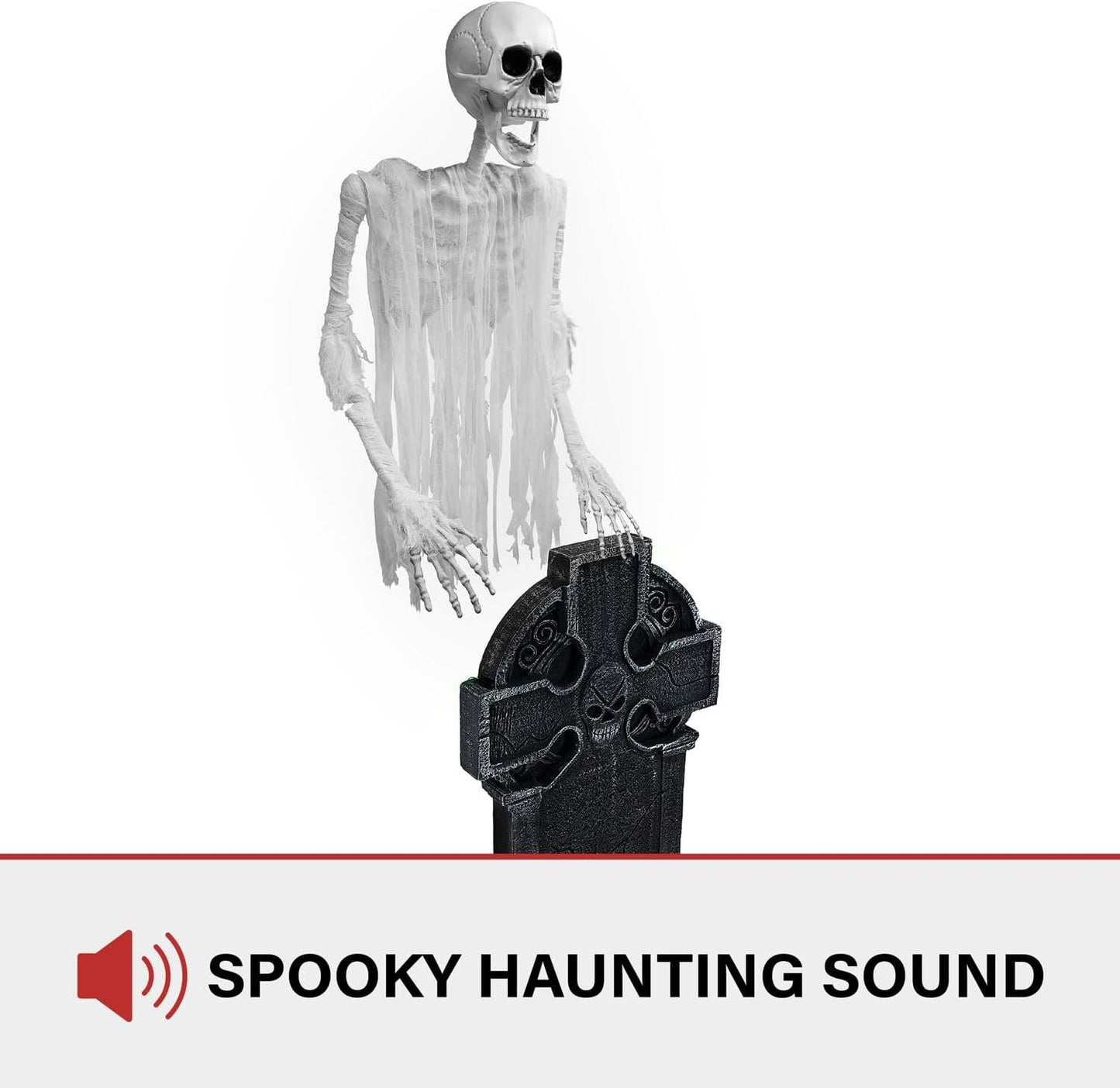 Haunted Hill Farm Motion Activated Floating Skeleton Ghost Over Tombstone by Tekky, Battery Operated Halloween Animatronic for Indoor or Covered Outdoor Creepy Halloween Decorations, Halloween Props