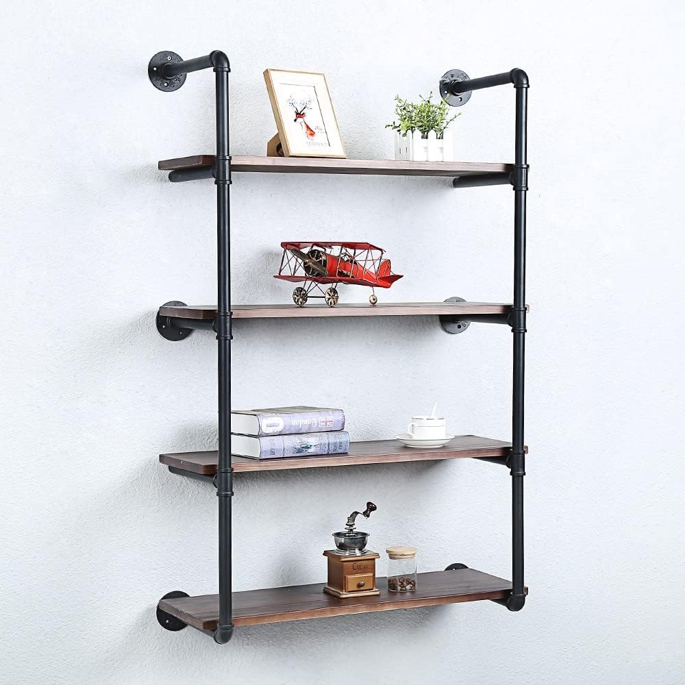 Industrial Pipe Shelving Wall Mounted,30in Rustic Metal Floating Shelves,Steampunk Real Wood Book Shelves,Wall Shelf Unit Bookshelf Hanging Wall Shelves,Farmhouse Kitchen Bar Shelving(4 Tier)