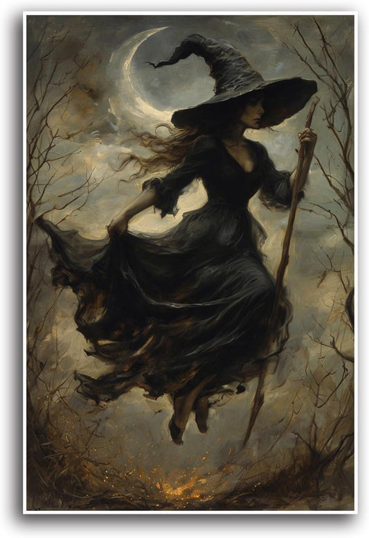 JFHCQJPK Witch in the Forest Halloween Print Wall Art Poster Witch Decor Vintage Print Dark College Wall Art Victorian Gothic Room Decor Canvas Wall Print24x36in Frameless
