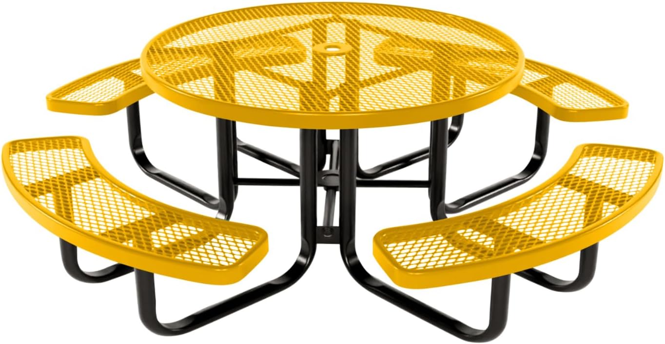 Heavy-Duty Portable Outdoor Kids Table with Umbrella Hole, Expanded Metal Kids Picnic Table, Commercial-Grade, Made in America (46 in, Round, Childrens, Textured Yellow)