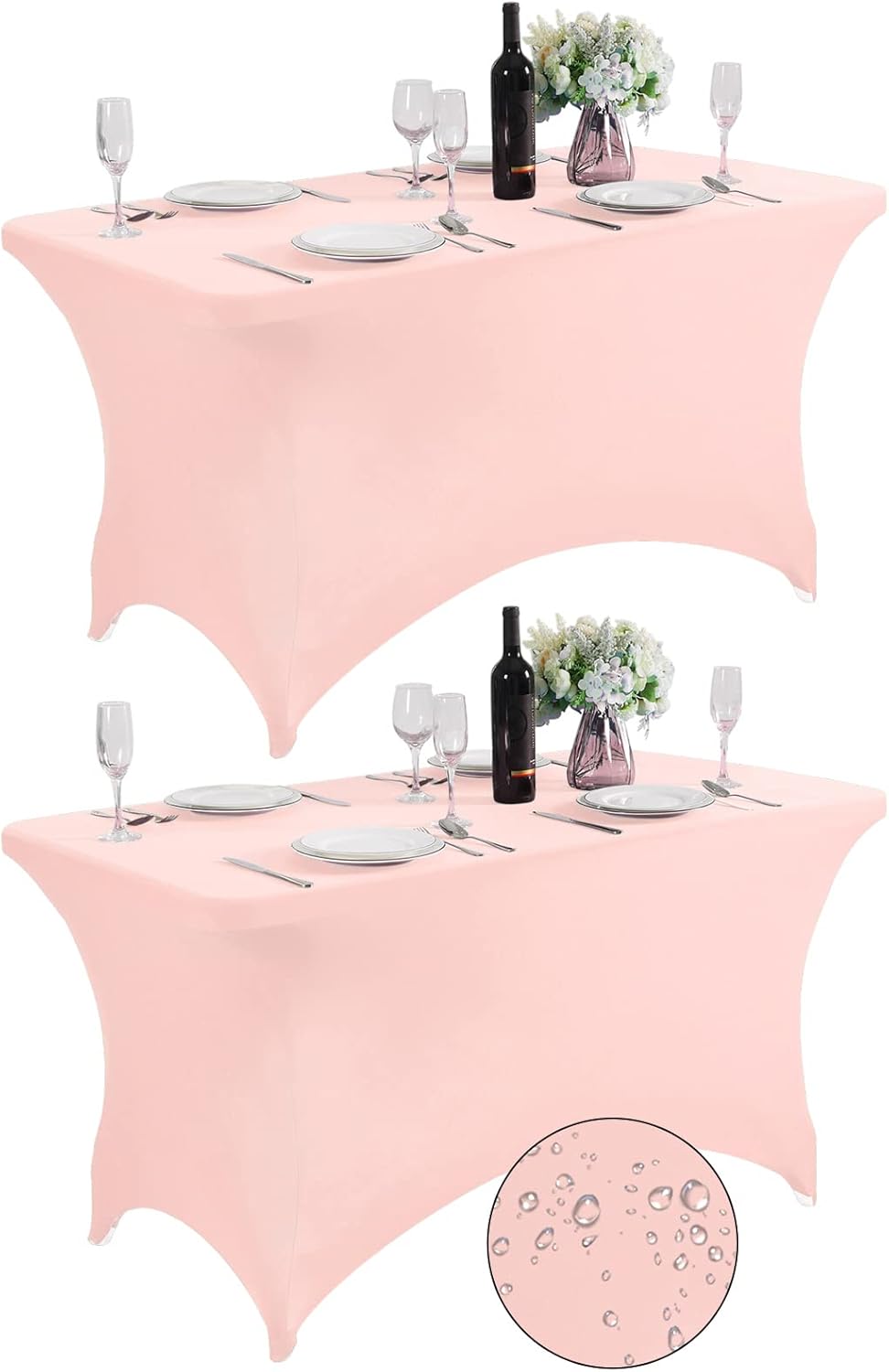 SuperO 2Pack Waterproof Spandex Table Cover for 4FT Table Universal Fitted Stretch Tablecloth for Party, Banquet, Wedding and Events-Blush Pink