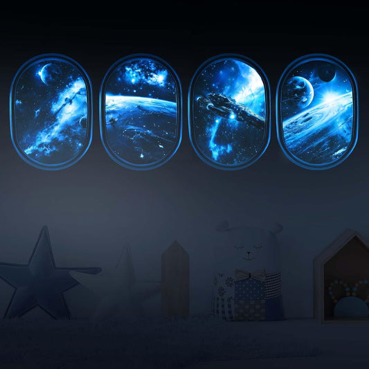 SNAIL GARDEN 4 Pcs Luminous Universe Galaxy Space Wall Stickers,Glow in The Dark Wall Decals,Self-Adhesion Space Themed Wall Decor,3D Ceiling Glow in The Dark Decorations(Blue Light)