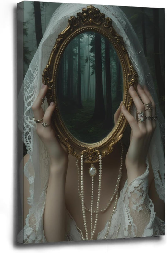 Mirror face covering dark art poster print melancholy gothic painting vintage feminine print victorian style decoration antique art12x16in Wood Framed