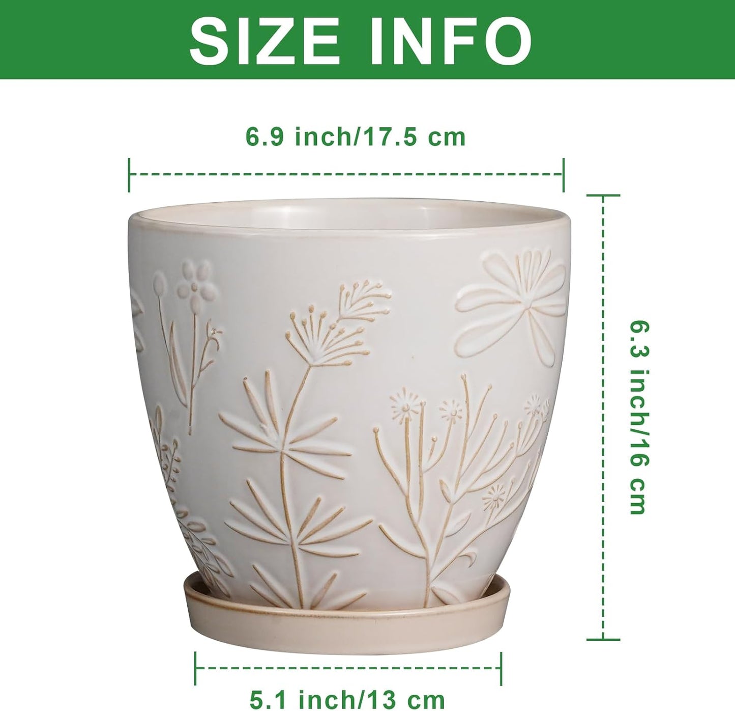 6.9 Inch Ceramic Plant Pot for Indoor Plants Outdoor Round Planter Flower Pot with Drainage Hole and Saucer for Home Garden Office Decor White