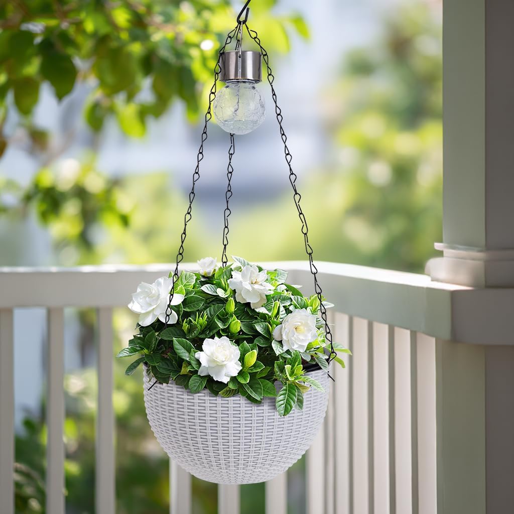 Hanging Pots for Plants Outdoor - 2 Pack White Artificial Rattan Solar Flower Baskets with Drainage Holes & Removable Tray, Garden Gifts for Women/Mothers, Porch, Balcony Decor