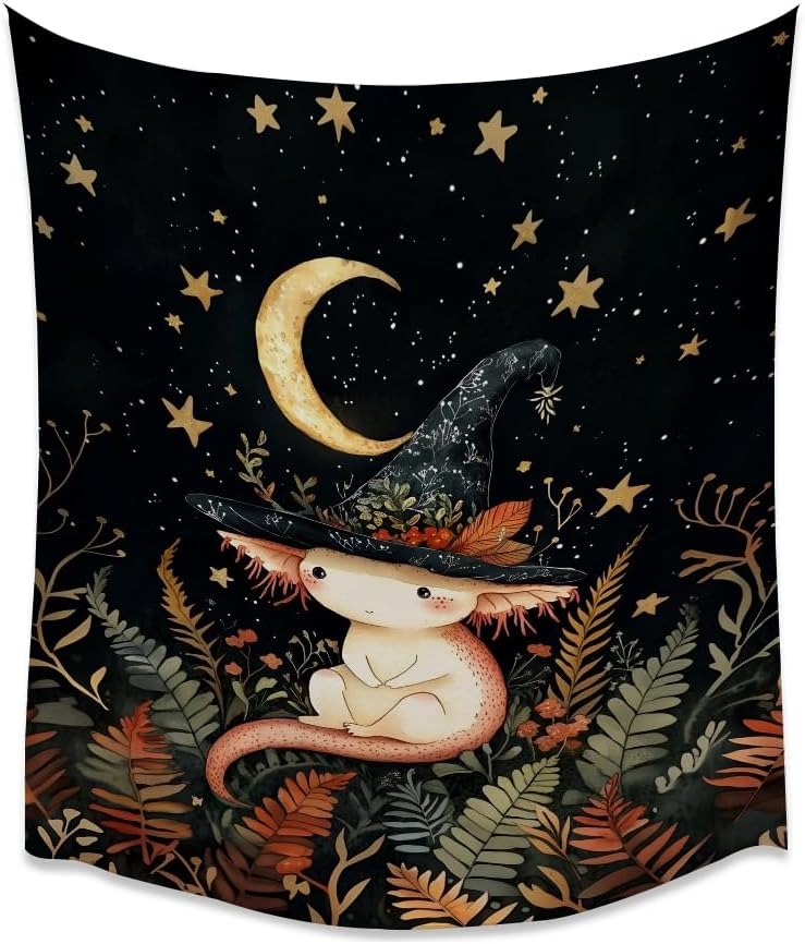 Whimsical Witch Tapestry Wall Hanging Decor Cute Axolotl Tapestry Magical Moon Animal Nursery Decoration Halloween Tapestries wall art for Home Kids Bedroom Living Room 30x40inch