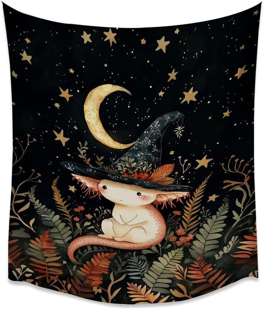 Whimsical Witch Tapestry Wall Hanging Decor Cute Axolotl Tapestry Magical Moon Animal Nursery Decoration Halloween Tapestries wall art for Home Kids Bedroom Living Room 70x90inch