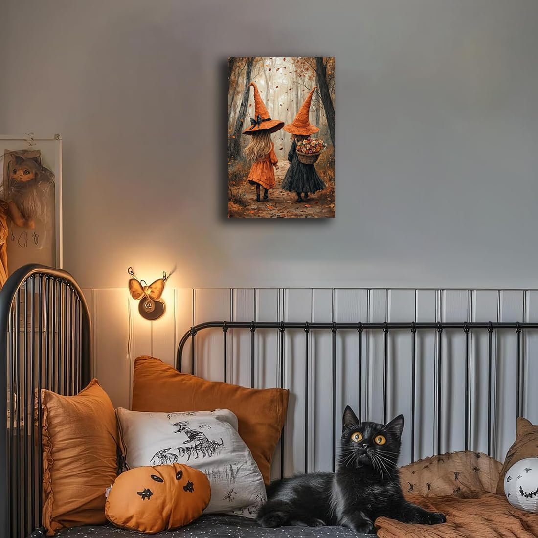 Fall Wall Art Witch Picture Decor,Little Girl Witch Halloween Wall Art, Vintage Autumn Whimsical Woodland Forest Picture, Family Room Nursery Playroom Children Room Decoration,24"x36" Unframed