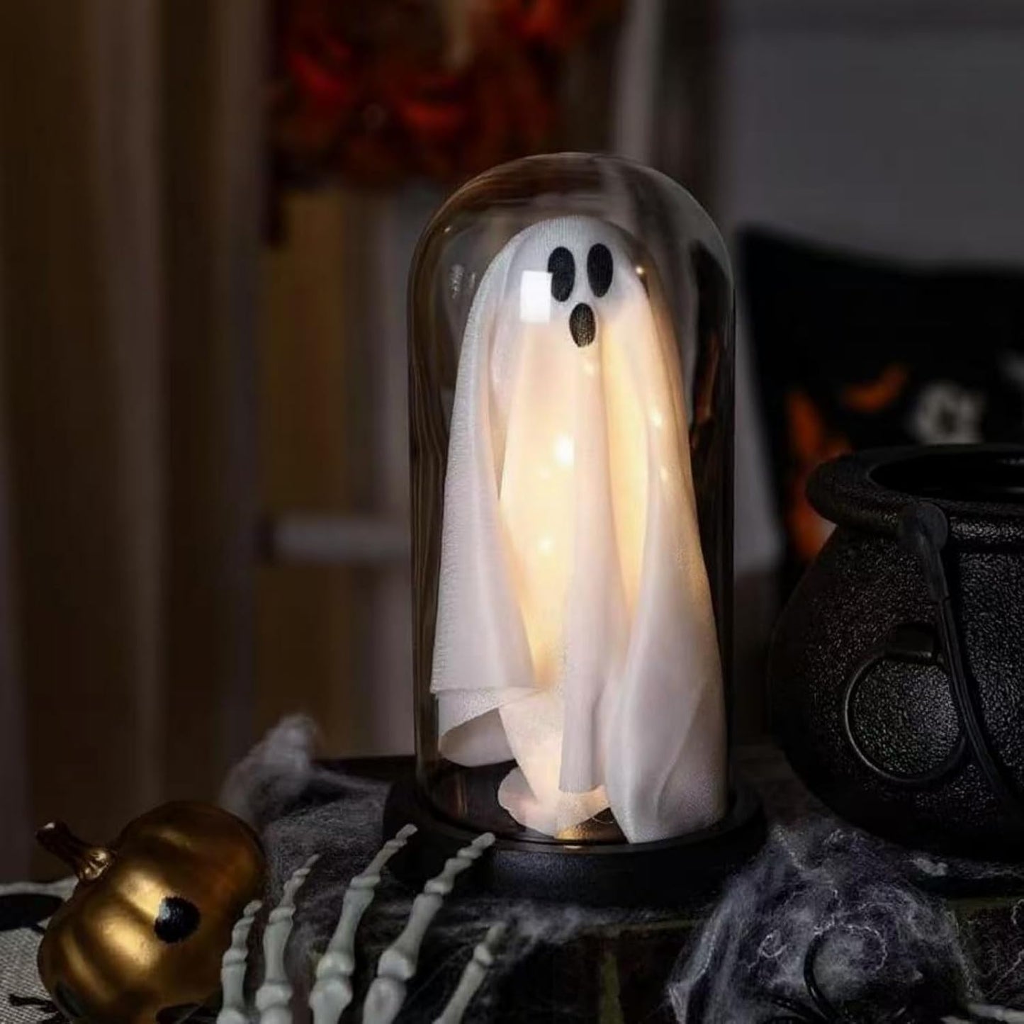 Light Up Ghost in Glass Cloche,Halloween Decorations Indoor,Cute LED Ghost Decor for Mantel,Tabletop,Cute Decorative Ornaments Suitable for Halloween Parties and Festivals(Colored Light,PVC Cover)