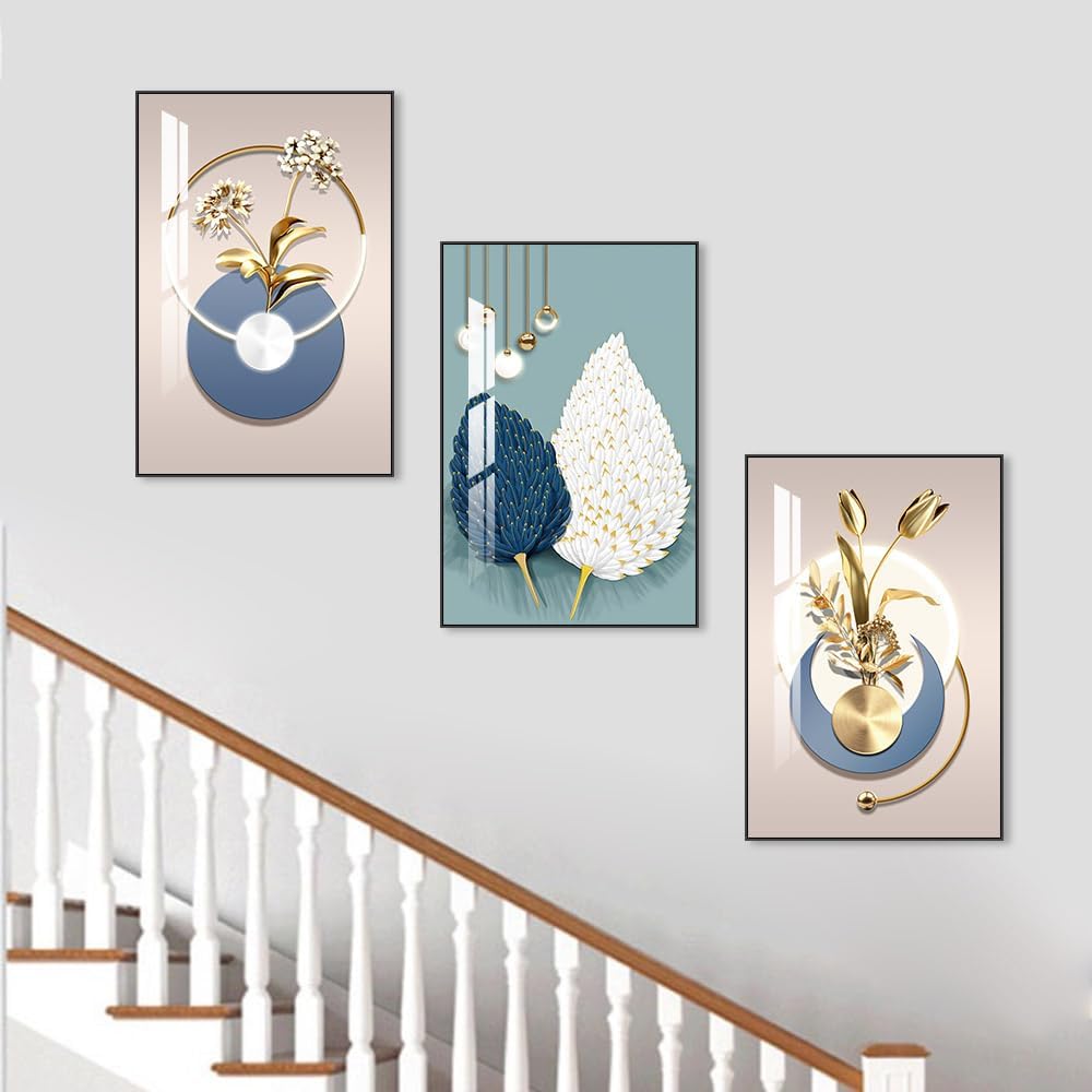 MPLONG Abstract Modern Minimalist Natural Framed Decorative Painting Bright style Wall Art Set of 3Wall Decor for Living Room, Bedroom, Dining Room, Office, etc. (Blue, 16 "X 24" X 3 pieces)