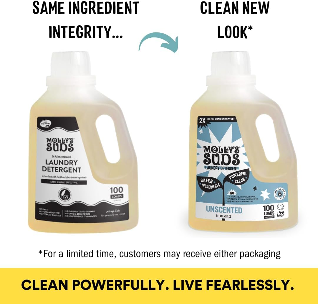 Molly's Suds Liquid Laundry Detergent | Clean Laundry Detergent Soap for Sensitive Skin | 2x Concentrated, High Efficiency (HE) | Unscented - 100 Loads