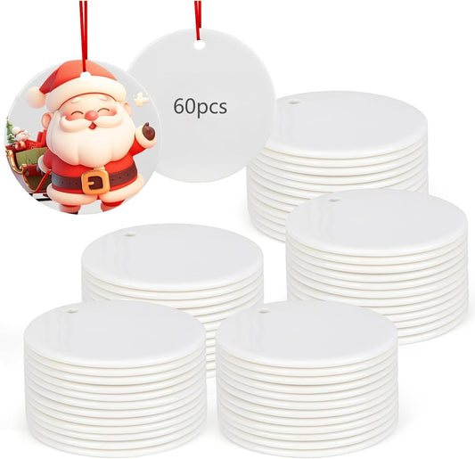 60 PCS Sublimation Ceramic Ornament Blank 3 Inch Round Two-Sided Printed White Ceramic Decoration Christmas Sublimation Ornament Blanks with Gold String for DIY Crafts Christmas Tree Decoration