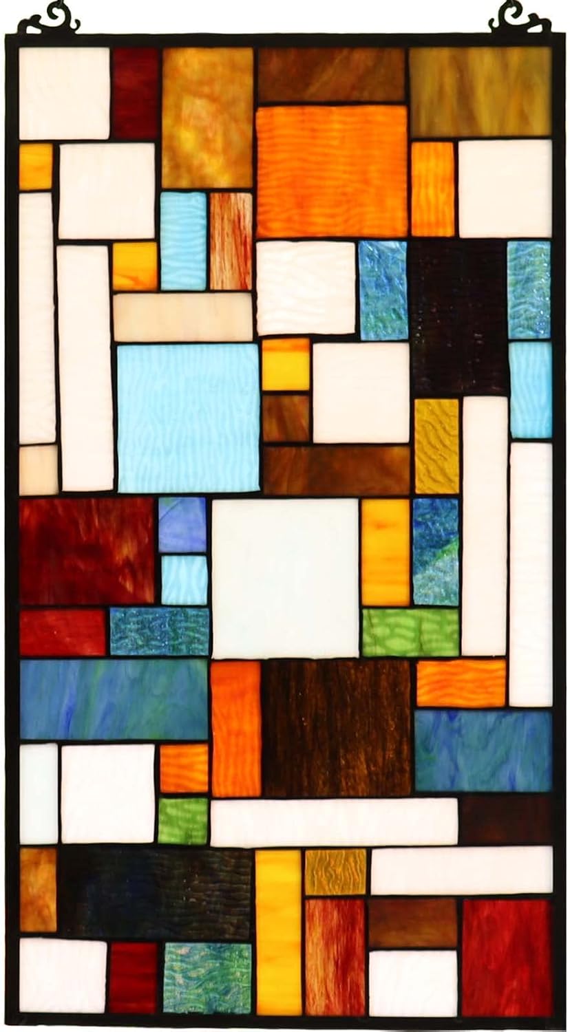 Bieye Geometric Color Block Tiffany Style Stained Glass Window Panel with Hanging Chain (13x24 inches W10024)
