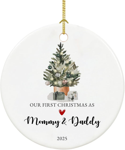 Our First Christmas as Mom and Dad Ornament 2025,New Mom and Dad Gifts 2025, Ceramic Keepsake New Parents Ornaments with Ribbon and Gift Box