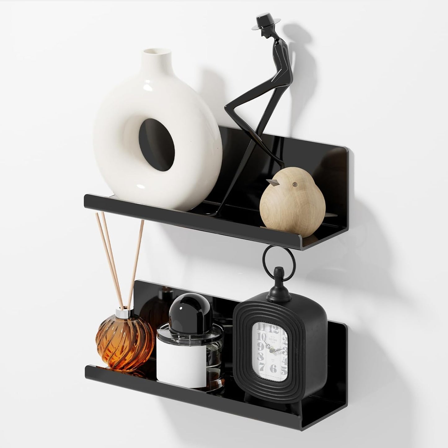 Acrylic Floating Shelves for Wall No Drilling, Self Adhesive Space-Saving Shelves, 12 Inch Floating Shelf Stick on Wall Shelf, for Bathroom, Kitchen, Bedroom, Office, Gaming Room, Black