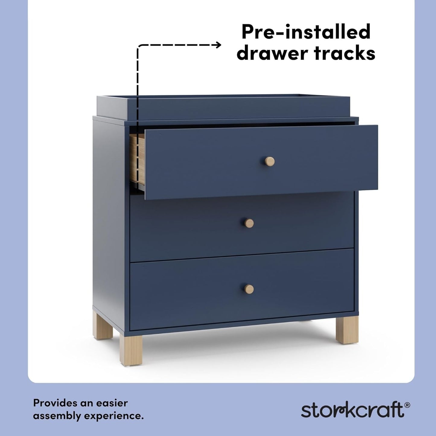 Storkcraft California 3-Drawer Chest with Removable Changing Topper (Midnight Blue with Driftwood) – GREENGUARD Gold Certified, Interlocking Drawer System, Pre-Installed Tracks, Easy Assembly