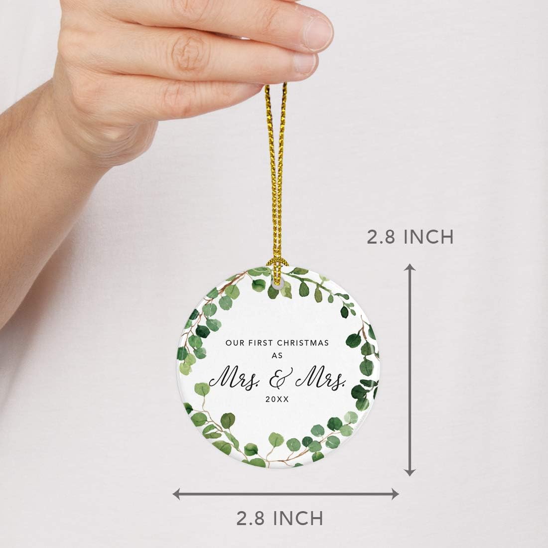 Andaz Press Custom Year Round Ceramic Porcelain Christmas Tree Ornament Keepsake Collectible Gift, Our First Christmas as Mrs. & Mrs. 2025, Farmhouse Eucalyptus Wreath, 1-PackLesbian Couple
