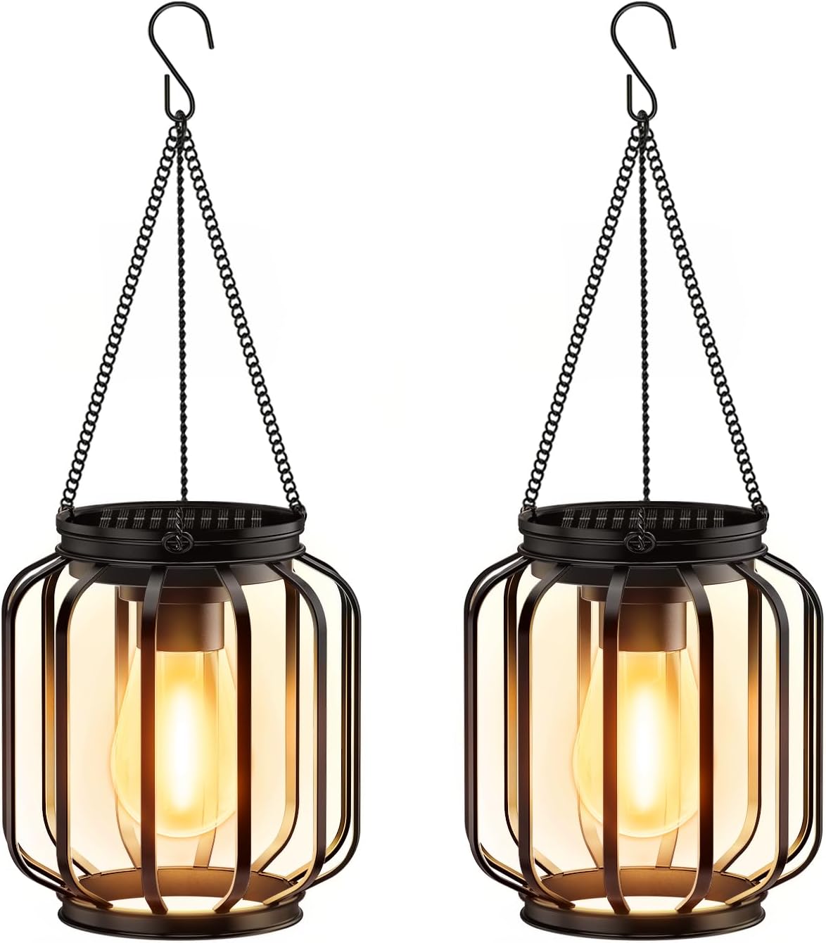 Solar Hanging Lanterns Outdoor: 2 Pack Metal Solar Hanging Lights with Hook, Bright - Warm Waterproof LED Lanterns for Outside, Classic Decorative Solar-Powered Light for Yard Garden Patio Porch Decor