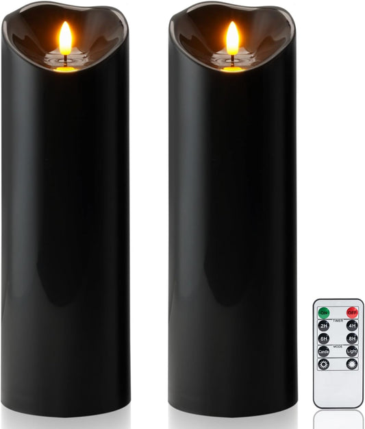 Homemory 4"x12" Black Flameless Candles, Halloween Candles, Outdoor Waterproof Flameless Candles with Remote and Timers, Gothic, Battery Operated LED Pillar Candles, Won't Melt Plastic, 2Pack