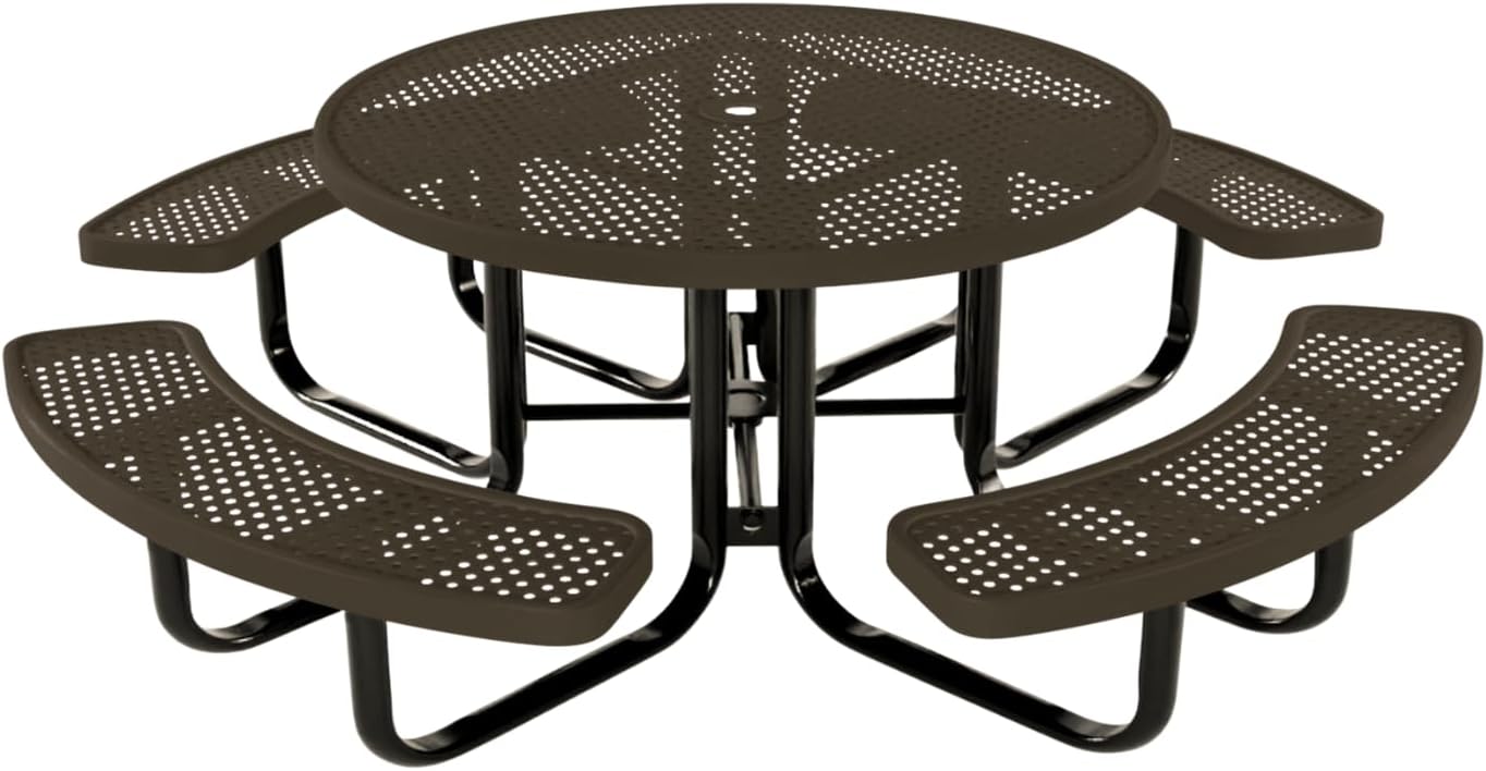 Coated Outdoor Furniture Heavy-Duty Portable Outdoor Kids Table with Umbrella Hole, Punched Steel Kids Picnic Table, Commercial-Grade, Made in America (46 In, Round, Childrens, Textured Brown)