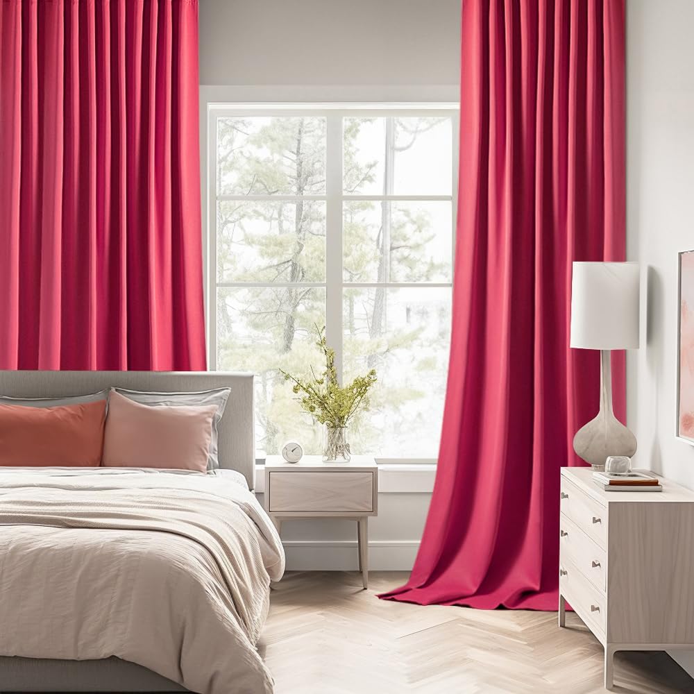 MIULEE Hot Pink Back Tab Blackout Curtain 96 Inch Long 2 Panels Set for Bedroom, Rod Pocket/Pinch Pleat Thermal Insulated Living Room Darkening Pleated Light Blocking Floor to Ceiling Drape