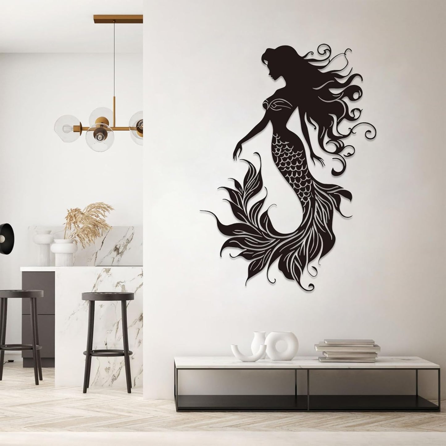 Veplsur Mermaid Metal Wall Art, Metal Mermaid Wall Decor, Marine Biology Wall Decor, Ocean Wall Art, Nautical Wall Hanging, Beach Hanging for Bathroom Bedroom (Silver, 30"x21"|76x54cm)