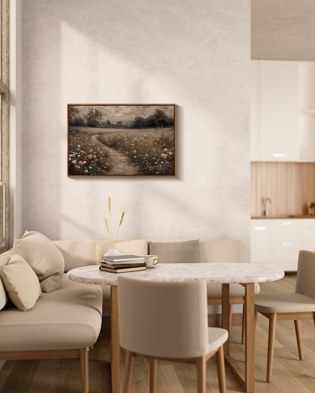 VIYYIEA Framed Canvas Wall Art Home Decor Vintage Large Landscape Country Wildflower Paintings Farmhouse Pictures Floral Artwork Rustic Flower Prints Cottagecore Living Room Bedroom Bathroom 20x30in