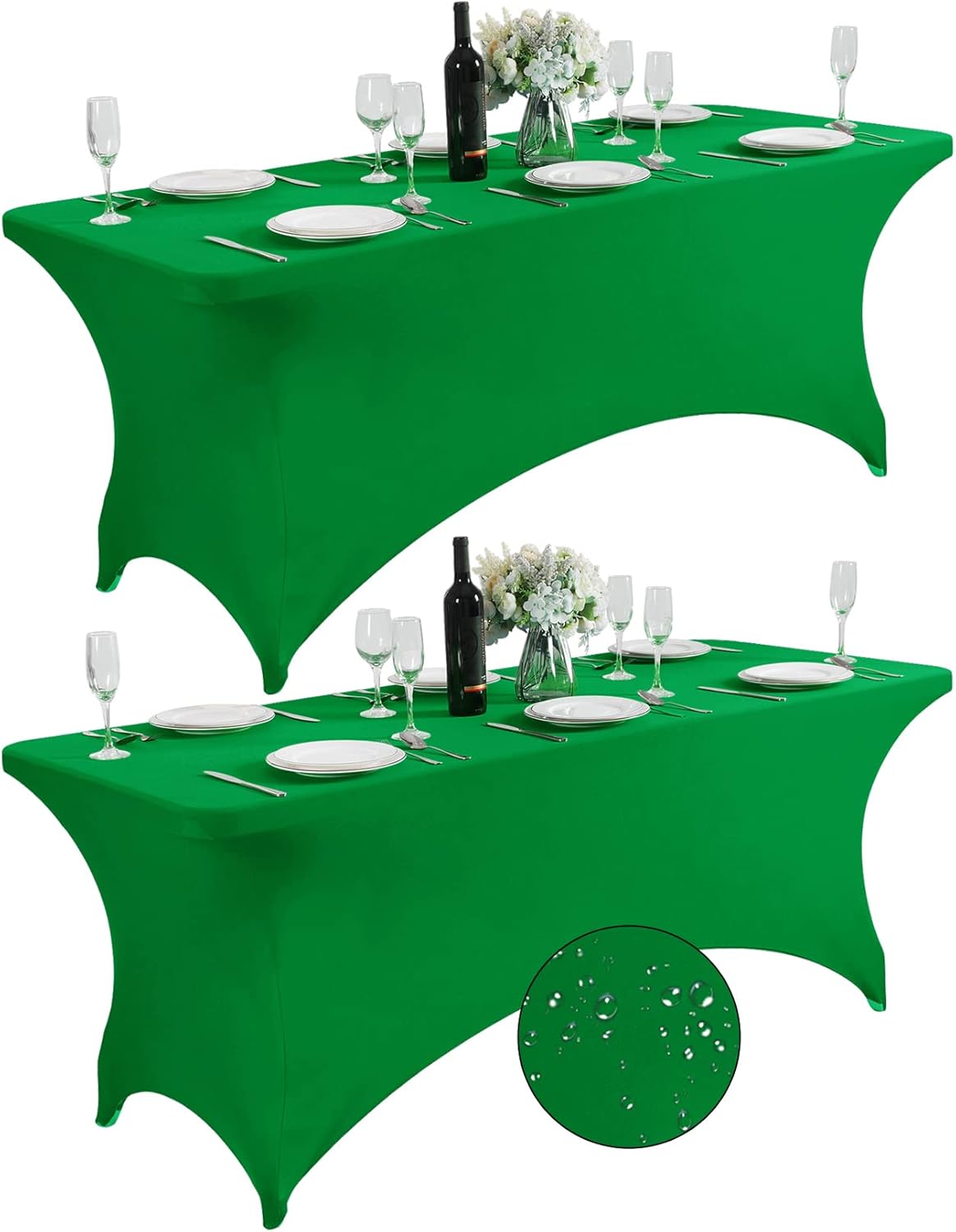 SuperO 2Pack Waterproof Spandex Table Cover for 6FT Table Universal Fitted Stretch Tablecloth for Party, Banquet, Wedding and Events-Emerald