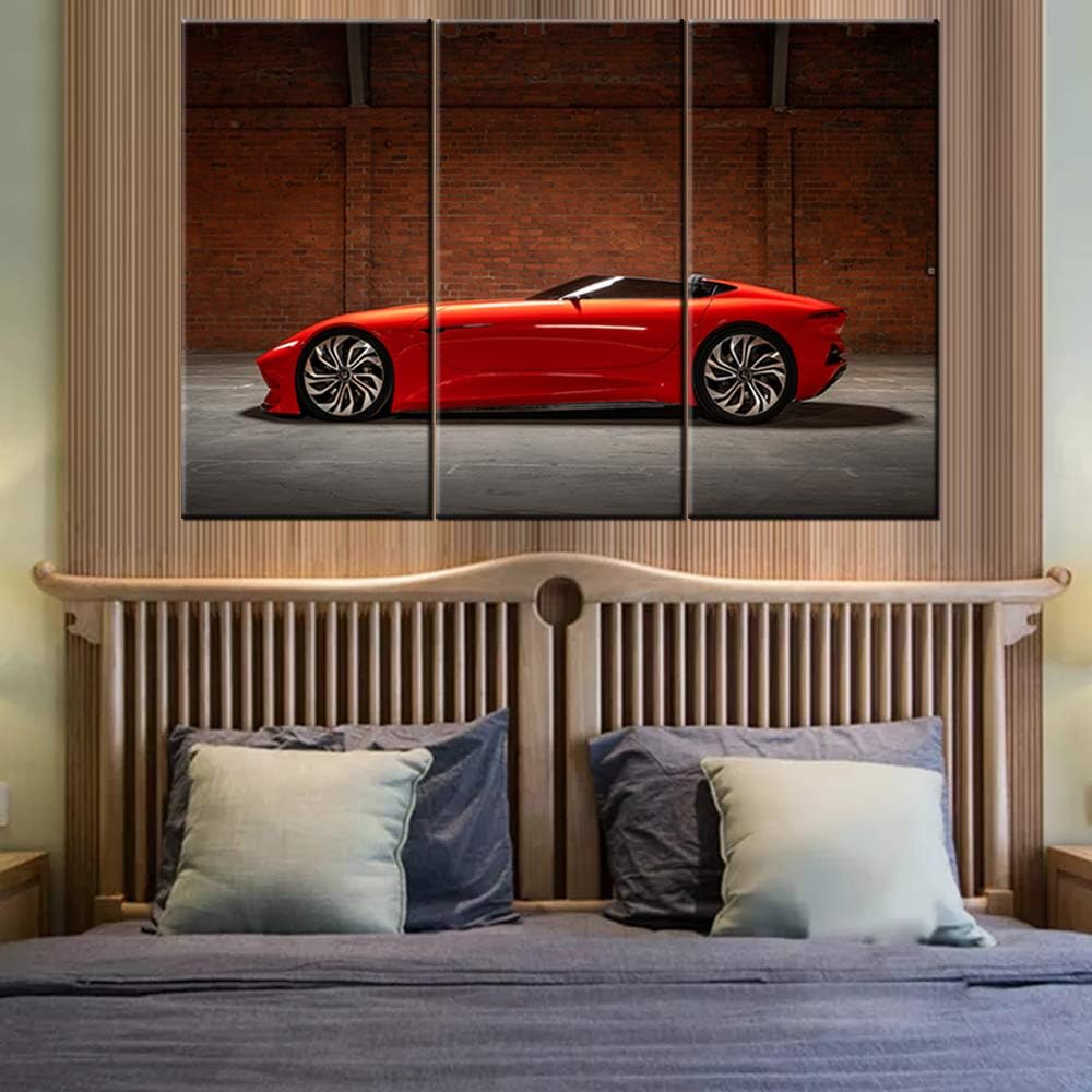 Framed Canvas Wall Art Pictures 3 Pieces Red Sports Cars Painting HD Printed Poster Artwork for Bedroom Living Room Modern Home Decorations Ready to Hang 28 x 14inch x 3 panel