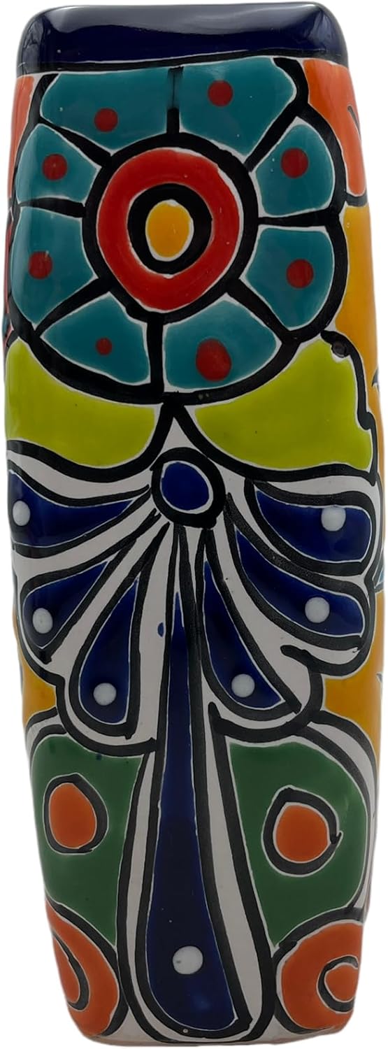 Talavera Planter Pot Square Vase Folk Art Mexican Pottery Handmade Hand Painted Home Decor Indoor Multicolor Outdoor 9.25" (Cobalt Multi)