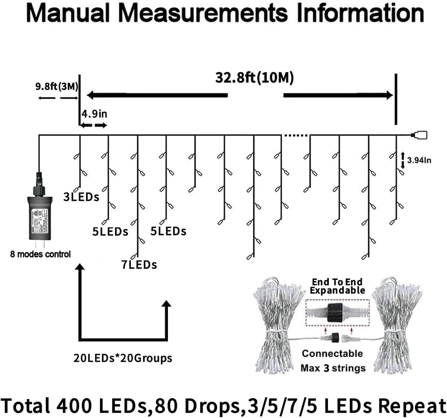 YEGUO 33ft 400 LED Red and White Icicle Lights Outdoor Waterproof, 80 Drops Icicle String Lights Connectable, 8 Modes Icicle Christmas Lights with Memory