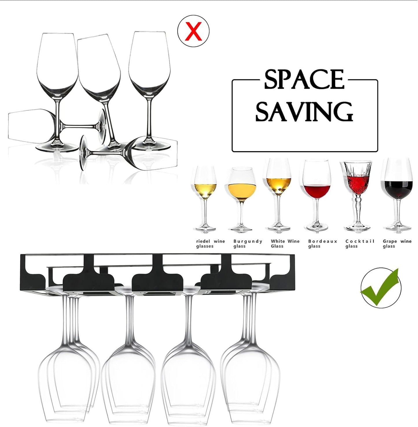 Wine Glass Rack - Under Cabinet Stemware Wine Glass Holder Glasses Storage Hanger Metal Hanging Organizer for Bar Kitchen, Black 4 Rows 2 Packs
