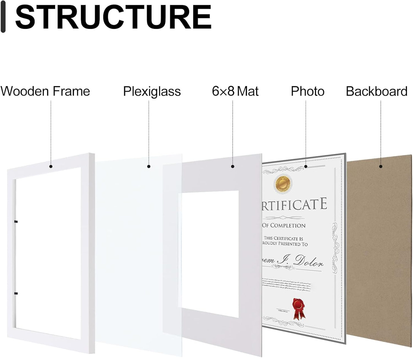 Vittanly 8.5x11 Picture Frames Set of 9, Shatter Resistant Plexiglass, Display 6x8 Pictures with Mat or 8.5x11 without Mat, Photo Frames for Wall or Tabletop, Engineered Wood, White