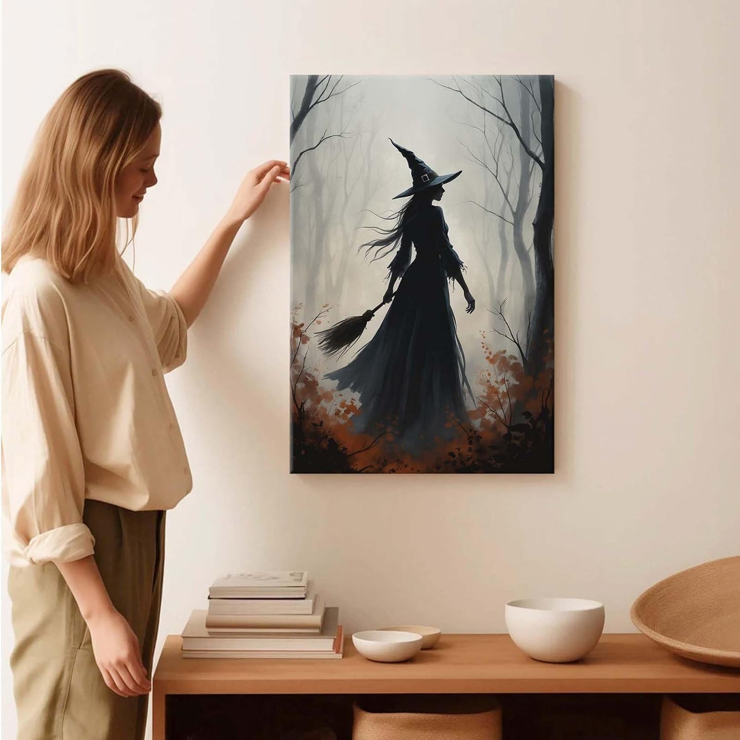 Vintage forest witch silhouette poster Halloween mural poster decoration mural art magic suitable for home living room bedroom12x16in Wood Framed