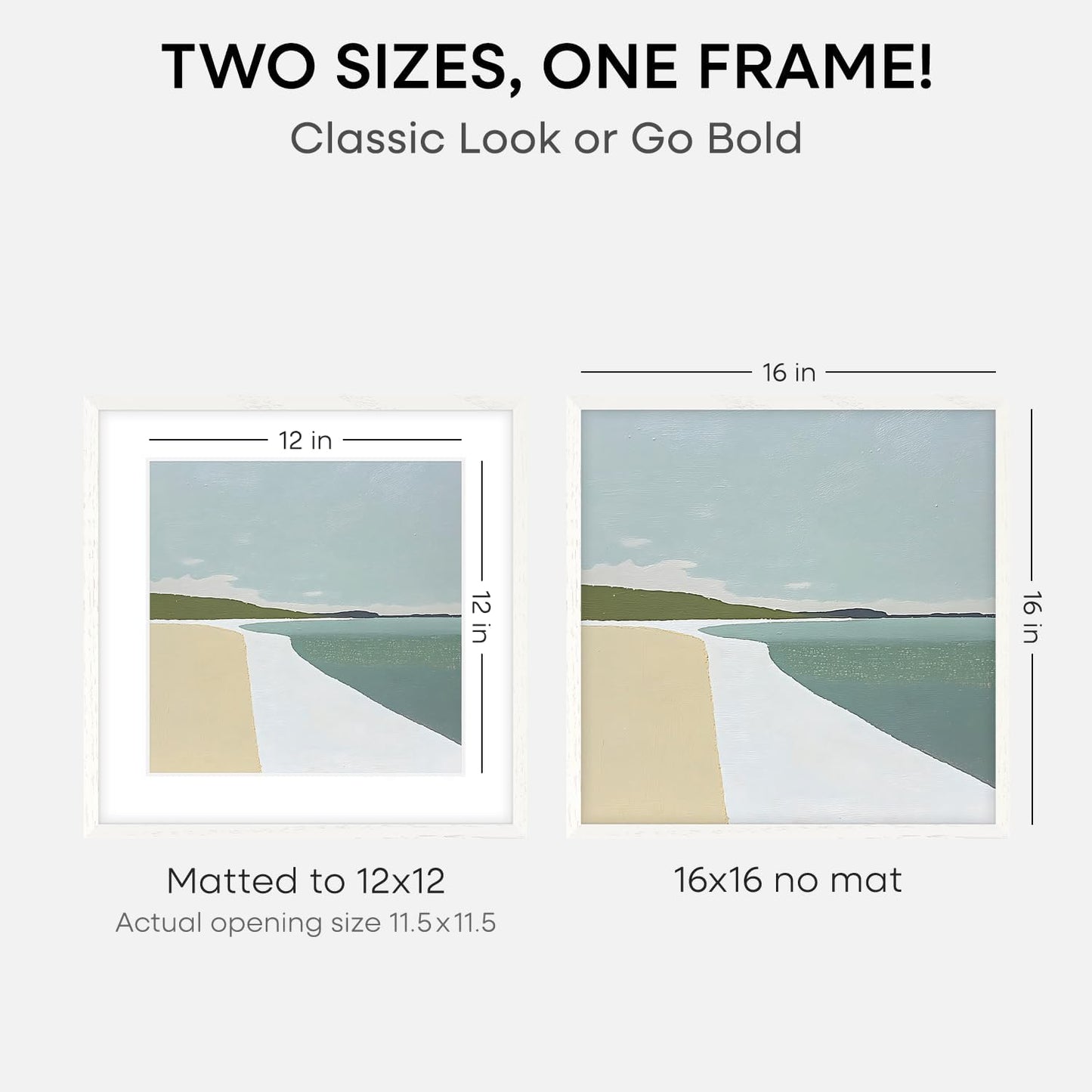 Homeforia 16x16 White Picture Frame, High End Oak 16 x 16 Square Wood Frames with Mat 12 by 12 inches Photo, 16by16 White Wooden Poster Frames Matted to 12x12 Print, Tempered Glass, Wall Kit, Set of 1