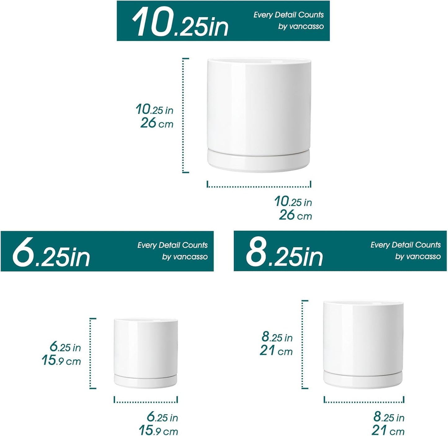 vancasso Ceramic Planters, Plant Pots for Indoor Plants, 6.25+8.25+10.25 Inch Ceramic Pots for Plants, Flower Pots with Drainage Holes, Planters Pot for Indoor House Plant, Set of 3, White