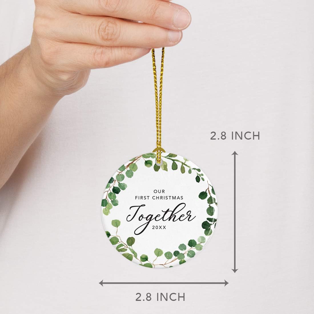Andaz Press Custom Year Round Ceramic Porcelain Christmas Tree Ornament Keepsake Collectible Gift, Our First Christmas Together 2025, Farmhouse Eucalyptus Wreath, 1-Pack