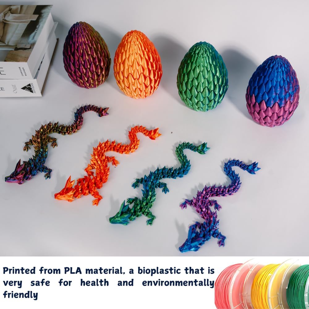 3D Printed 12” Articulated Crystal Dragon Inside 5.1” Egg – Fantasy Collectible, Fidget Toy & Stocking Easter Basket Stuffers for Home & Office Decor (Laser Purple)