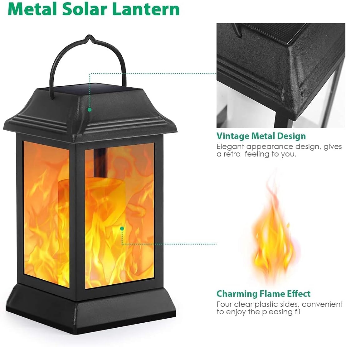 TomCare Solar Lights Metal Flickering Flame Solar Lantern Outdoor Hanging Lanterns Decorative Lighting Heavy Duty Solar Powered Waterproof Umbrella Lighting for Garden Yard Patio Deck, 2 Pack（Black）