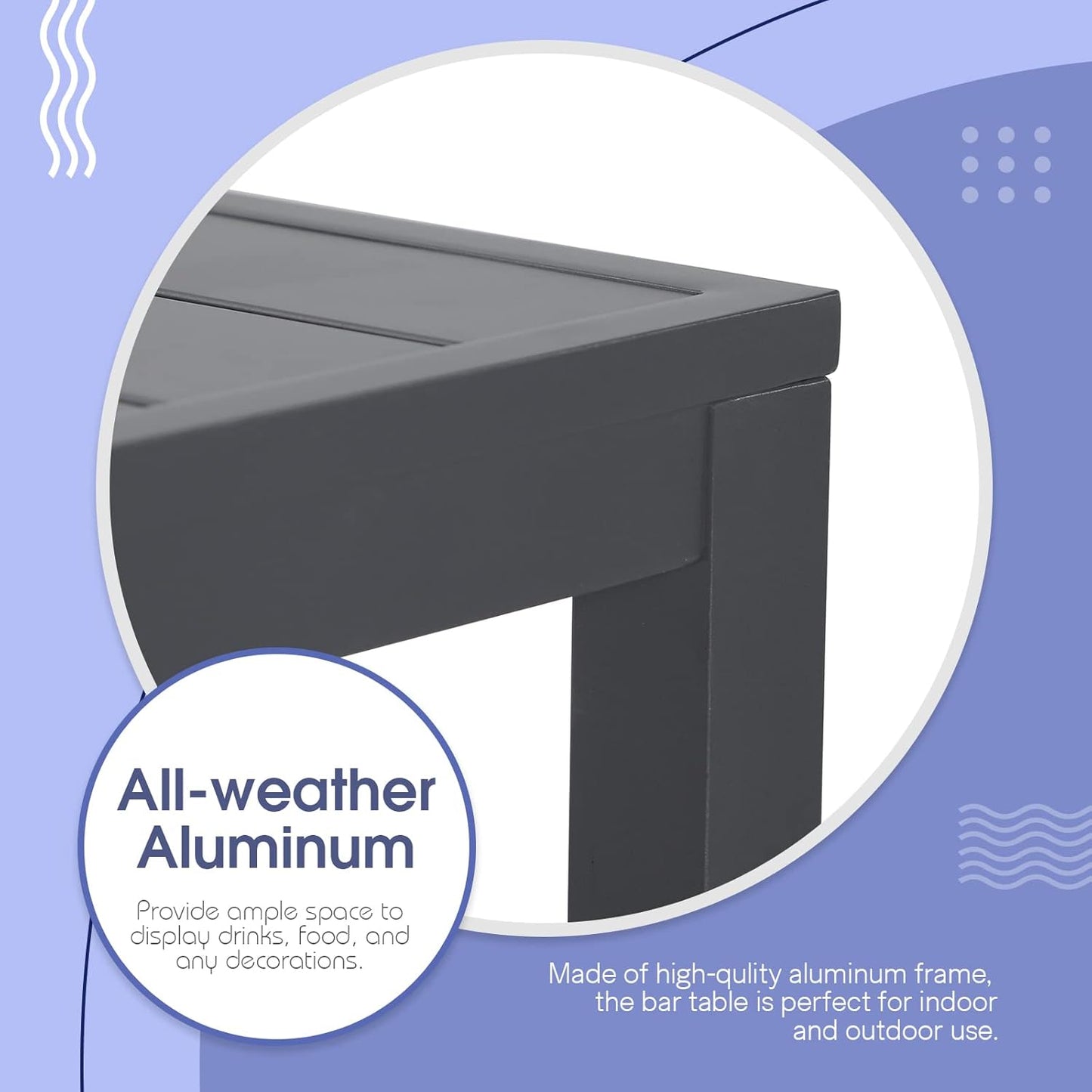 Soleil Jardin Bar Table High Top Table with All-Aluminum Frame Rectangular Pub Table for Indoor & Outdoor Use, Easy Assembly & Low Maintenance, Dark Grey