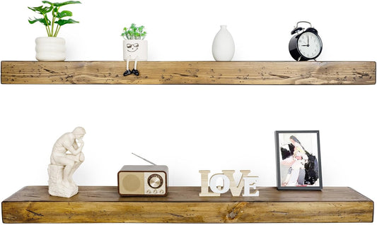 Floating Shelves 3 inch Thick for Wall Set of 2,Solid Pine Wood Wall Mount Shelf for Kitchen Living Room Bedroom Bathroom,8" D x 60" L x 3" H-Distressed Black Walnut